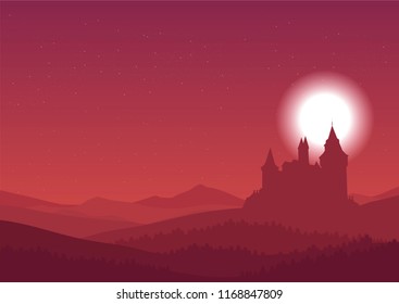 red sky and old castle with towers on the hills. vector landscape of mountains and forest. nature and acient architecture