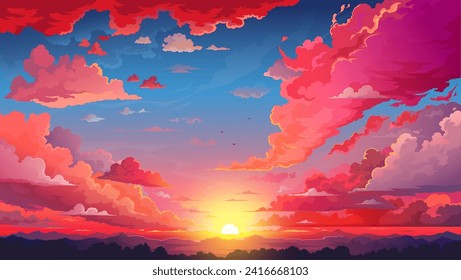 Red sky sunset anime background with fluffy clouds and sun. Cartoon vector beautiful nature landscape, vivid bright cloudscape with shining rays over the mountain peaks and tree crowns, evening view