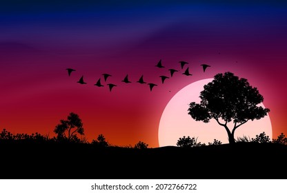 Red sky sunset or sunrise nature background with trees and flying birds