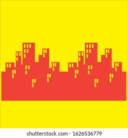red skyscraper building drawings on yellow background