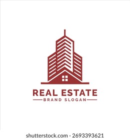 Logotipo rojo del rascacielos con la casa y el tejado del edificio del texto