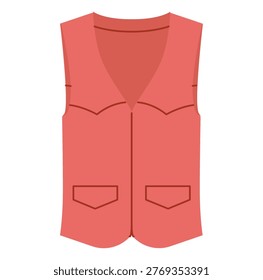 Red sleeveless vest with structured paneling and utility pocket details creating fitted silhouette with clean seams and modern functional design. Technical fashion illustration front view. Vector