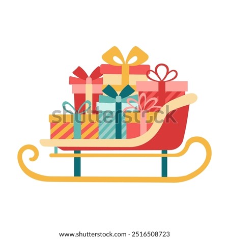 A red sleigh filled with presents is shown on a white background. Concept of joy and excitement, as the presents are piled high and ready for the holiday season. The bright colors of the sleigh