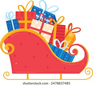 Red sleigh overflowing holiday gifts festive Christmas presents. Colorful gift boxes ribbons celebration seasonal decoration cheerful illustration. Sleigh full surprise packages holiday cheerful