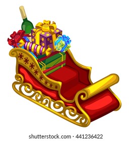 Red sleigh of Santa Claus with gifts and candies isolated on white background. Vector illustration.