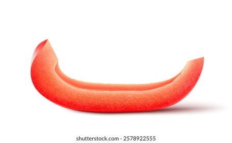 Red slice of bell pepper vegetable, isolated on white background. Fresh ripe sweet paprika piece, realistic 3D vector illustration, object in macro closeup for natural food cuisine