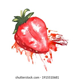 Red slice berries strawberry splashes watercolor on white background. Healthy drink. Bright sweet color. Sweet fruit. Vector