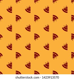 Red Slice of pizza icon isolated seamless pattern on brown background. Vector Illustration