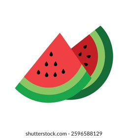 red slice of watermelon with black seeds on a white background, vector