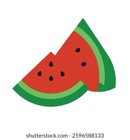 red slice of watermelon with black seeds on a white background, vector