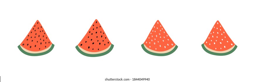 Red slice of watermelons Hand drawn set. Doodle watermelon print. Summer design fruit element isolated on white background. Vector stock illustration