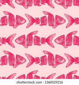 Red Sliced Fish Seamless Pattern. Vector Illustration of Tattoo Hand Drawn Sketch.