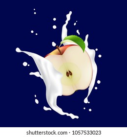 Red Sliced  Half Apple In A Milk Yogurt Splash. Apple Falling Into The Cream Splash. Realistic Fruit. Vector Eps10.