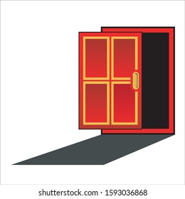 Red sliding door with dark inside room and light from behind