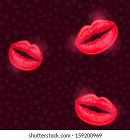 Red Slightly Open Lips on Black Background. Vector Contrast Valentine Card Design.