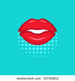 Red slightly opened lips on blue pop-art background made in comics style