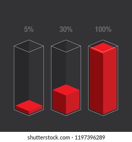 Red slim histogram glass bars 5% 30% 100% number text. Flat design interface illustration inforchart infographic elements for app ui ux web banner button vector isolated on black background