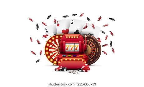 Red slot machine, Casino Wheel Fortune, Roulette wheel, poker chips and playing cards in cartoon style isolated on white background