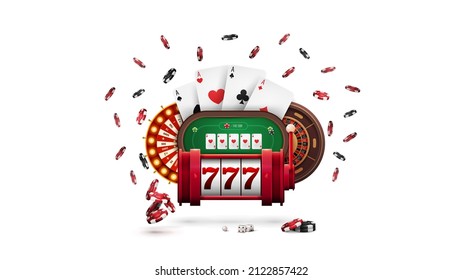 Red slot machine, Casino Wheel Fortune, Roulette wheel, Poker table, poker chips and playing cards in cartoon style isolated on white background