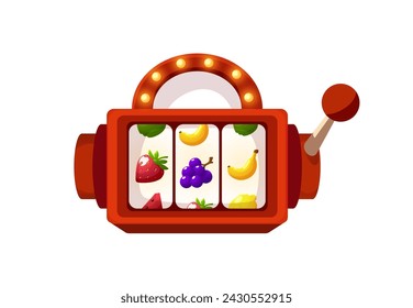 Red slot machine with fruits symbols and lights. Cartoon casino machine slot gambling game. Vector illustration of casino entertainment spin bet item for win jackpot isolated on white