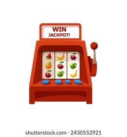 Red slot machine with fruits symbols. Win jackpot slot casino, machine slot gambling game. Vector illustration of cartoon casino entertainment object isolated on white background