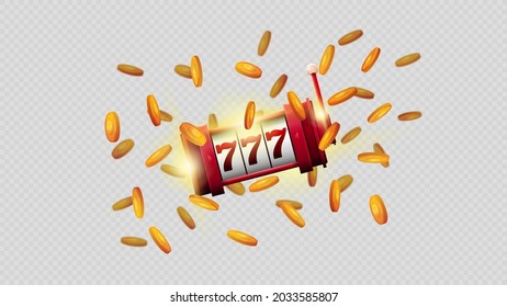 Red slot machine with golden coins around isolated on white background