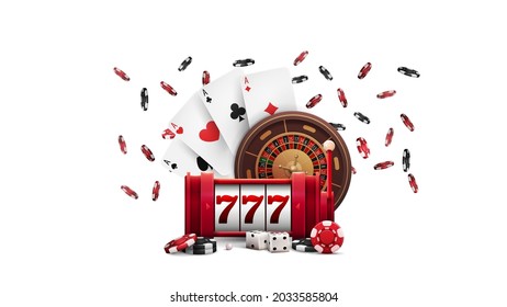 Red slot machine with jackpot, Casino Roulette wheel, poker chips and playing cards isolated on white background