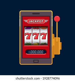 Red slot machine on mobile phone jackpot lucky wins vector illustration