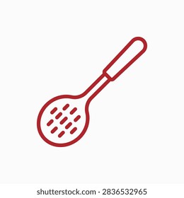 Red slotted spoon kitchen utensil line art icon.