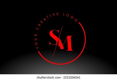 Red SM Letter Logo Design with Creative Intersected and Cutted Serif Font.