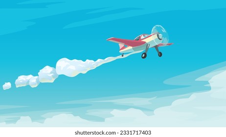 red small airplane in clouds blue sky