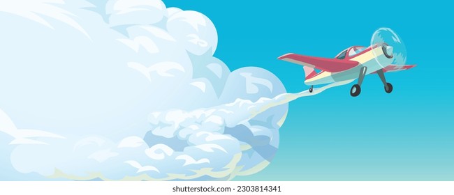 a red small airplane flying in clouds