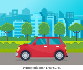 Red small car, electric motor, eco friendly transport. Green city park, trees, bushes, houses and buildings on the background. Car sharing, economy and ecology. Flat vector cartoon illustration