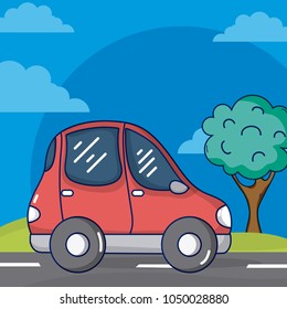 Red small car on street