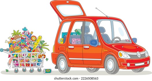 Red small car with an open trunk in a supermarket parking lot and a shopping cart full of foods, drinks, sweets and gifts for winter holidays, vector cartoon illustration isolated on a white backgroun