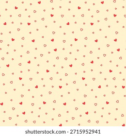 Corazones de doodle Pequeños rojos sobre un fondo beige, patrón sin fisuras. Amor y romance, boda, San Valentín. Diseño para papel de embalaje, Fondo de pantalla, textiles. Ilustración vectorial.