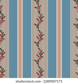 red small flowers leaves border with stipe pattern on cream background