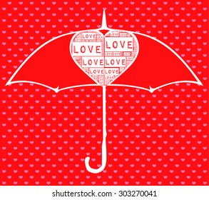 red with small hearts pattern background together and red umbrella  and type font with love words together heart illustration for valentines day gift vector print pattern. for fashion, graphic design
