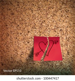 Red small sticky note with heart sketced on cork bulletin board, vector Eps10 illustration.