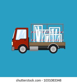 Red Small Truck with Windows Isolated on a Blue Background, Transportation and Cargo Delivery Services, Logistics, Shipping and Freight of Goods, Vector Illustration