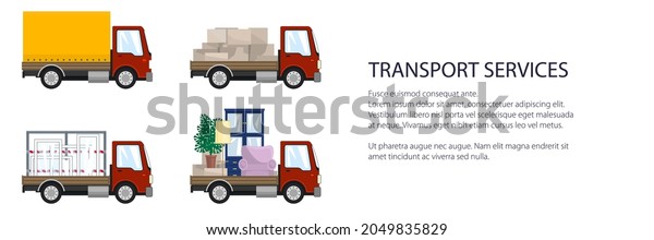 Red\
small trucks with different loads , empty and covered trucks,\
lorries with furniture and windows, delivery services banner,\
transport services and logistics, vector\
illustration