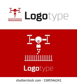 Red Smart farm with drone control for seed planting icon isolated on white background. Innovation technology for agricultural company. Logo design template element. Vector Illustration