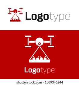 Red Smart farm with drone control collects harvest icon isolated on white background. Innovation technology for agricultural company. Logo design template element. Vector Illustration