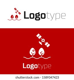Red Smart farm with drone control and tree icon isolated on white background. Innovation technology for agricultural company. Logo design template element. Vector Illustration
