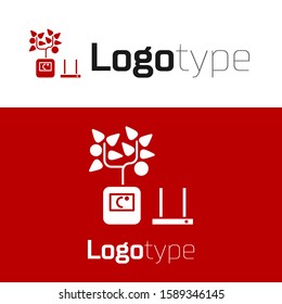 Red Smart farming technology - farm automation system in app icon isolated on white background. Logo design template element. Vector Illustration