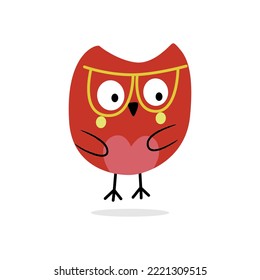 Red smart owl in yellow glasses. Vector drawing on a white isolated background. Illustration in flat, cartoon style.