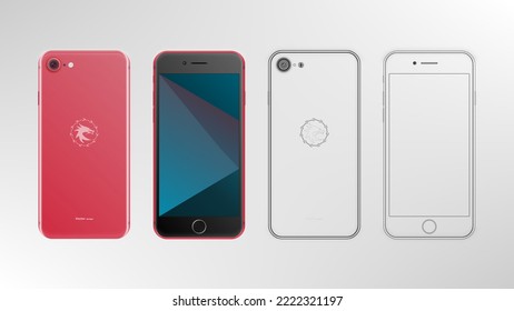 red smart phone two side and scetch set design 