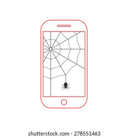 red smartphone with black cobweb. concept of protect, support, tech service, criminal hacker, privacy, spam, programming. isolated on white background. flat style modern design vector illustration