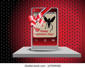 Red smartphone with a red bow as a gift for Valentines Day
