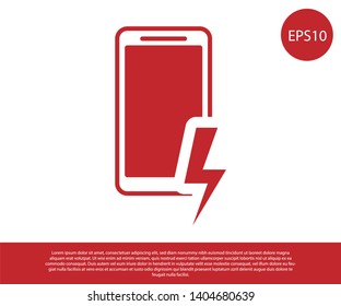 Red Smartphone charging battery icon isolated on white background. Phone with a low battery charge. Vector Illustration